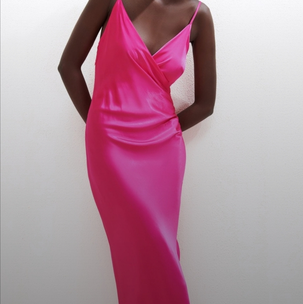 Zara Satin Slip Camisole hot pink Midi Dress